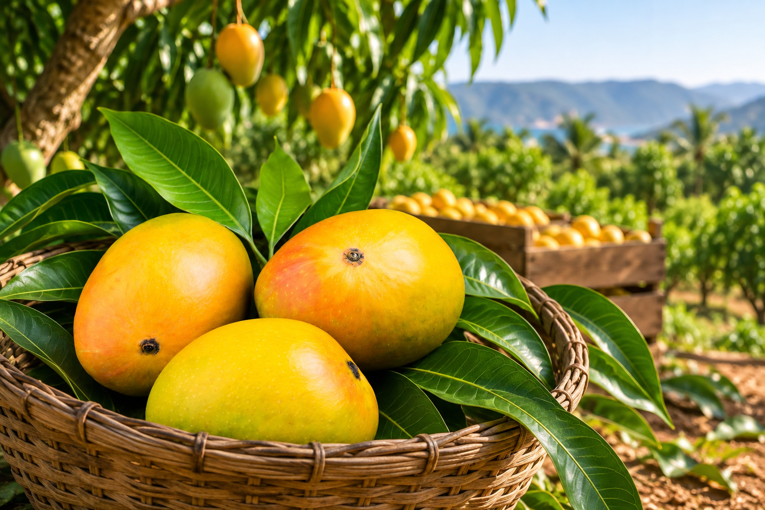 Fresh mangoes in a crate